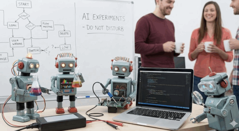 Tongue in cheek photo of robots doing ai experiments for our ai search experiments blog