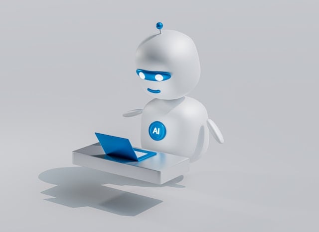 picture of a cute little ai robot using a computer for our agenctic search for ecommerce blog